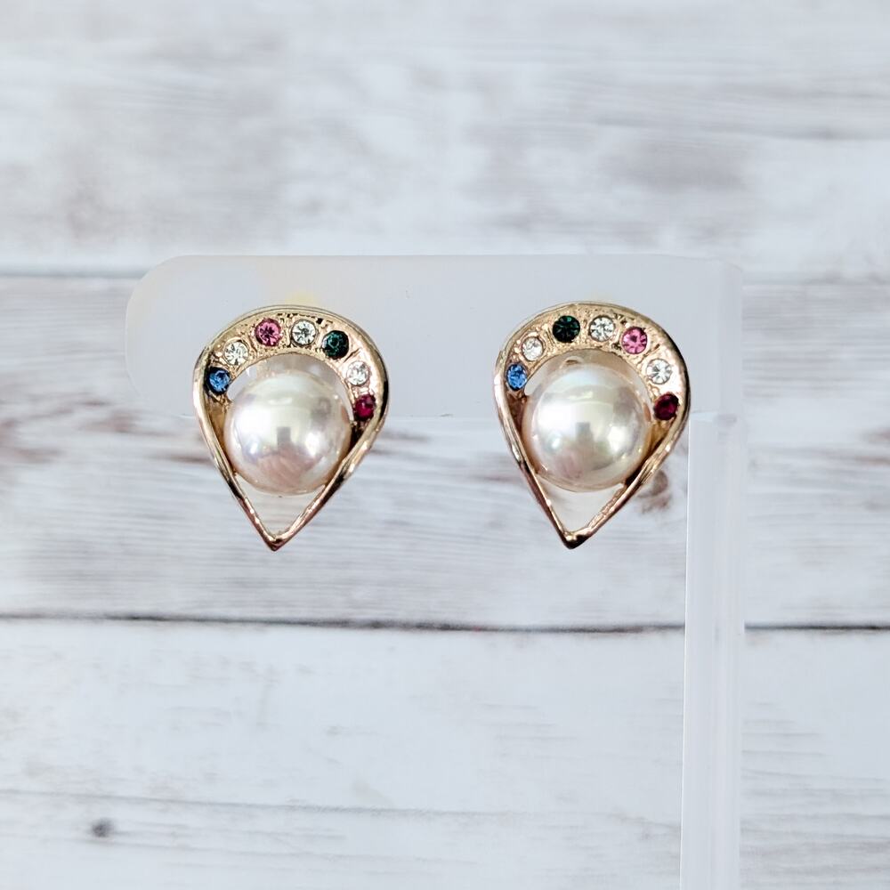 Vintage Clip On Earrings Unusual Faux Pearl & Multi Colored Gems Statement